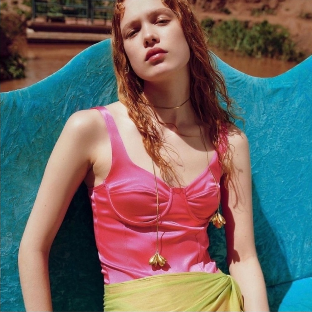 Zara hot pink satin corset style bodysuit, size medium, NWT